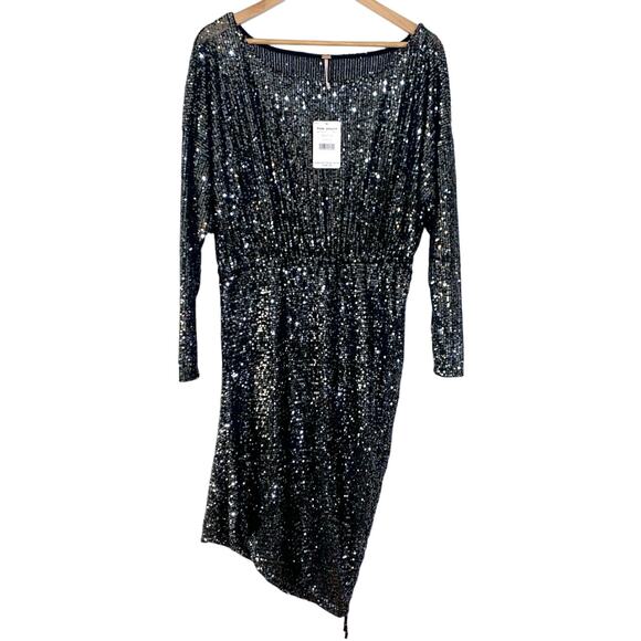 Free People NEW Giselle Sequin Long Sleeve Gathered Hem Mini Dress Black Large - Picture 3 of 11